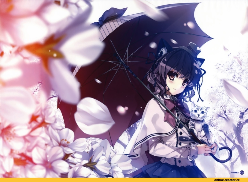 Misaki Kurehito, nekomimi, Animal Ears, art девушка, красивые картинки, котэ, Umbrella, smile, dress, Anime Original, Anime, Anime Art, flowers