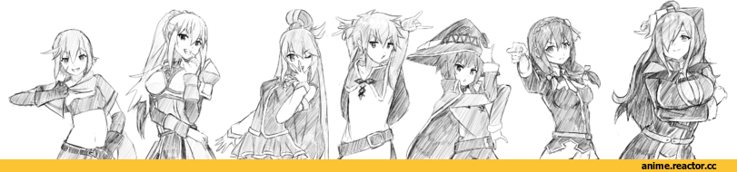 JoJo no Kimyou na Bouken, Chris (KonoSuba), Aqua (KonoSuba), Darkness (KonoSuba), Megumin, Satou Kazuma, Wiz (KonoSuba), Yunyun (KonoSuba), Anime Sketch, crossover, Anime, KonoSuba, greatveemon