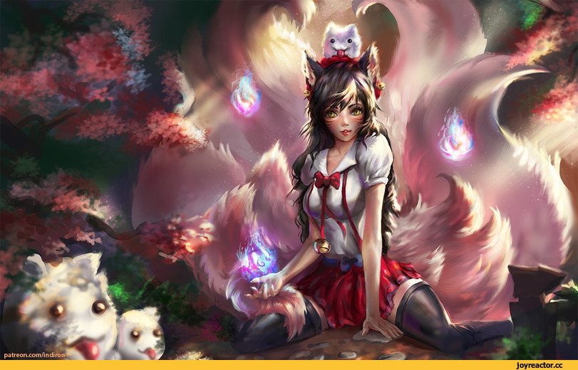 красивые картинки, арт барышня, Неко, Animal Ears, Indiron, Ahri, League of Legends, фэндомы, Poro, Anime