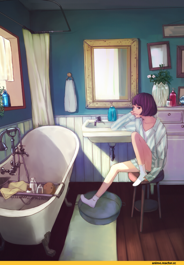 art, красивые картинки, Anime Original, Anime Art, art девушка, ванная, pajama, Shinoda Maya, Anime