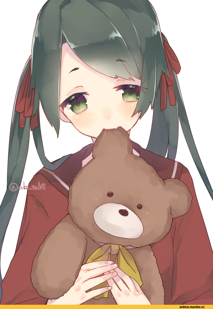 Anime Original, art девушка, красивые картинки, bear, Mikuma (Kantai Collection), няшность, игрушка, укус, няша, school uniform, Anime, Anime Art, Kantai Collection, stuffed animal, twin tails, teddy bear, sakofu