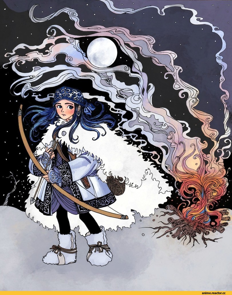 песочница, art, art барышня, костер, лук, унты, Xenia, artist, asirpa, Golden Kamuy, Anime