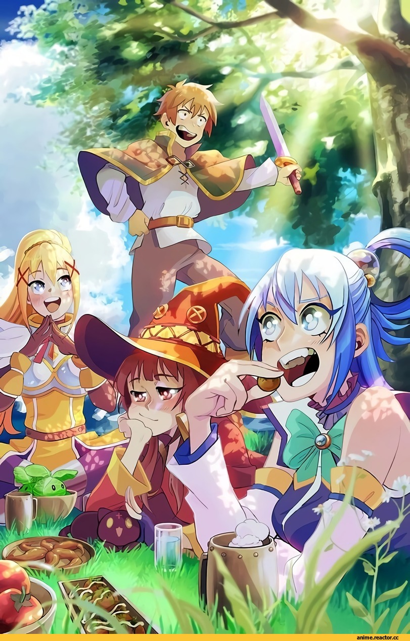 KonoSuba, Megumin, Aqua (KonoSuba), Darkness (KonoSuba), Satou Kazuma, chomusuke, Anime Art, Anime
