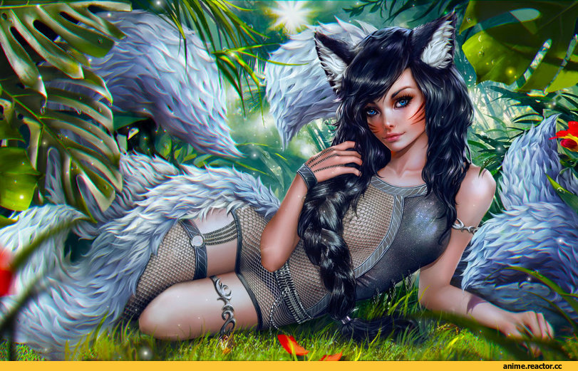 арт барышня, art, fantasy art, Kitsune, Animal Ears, Anime