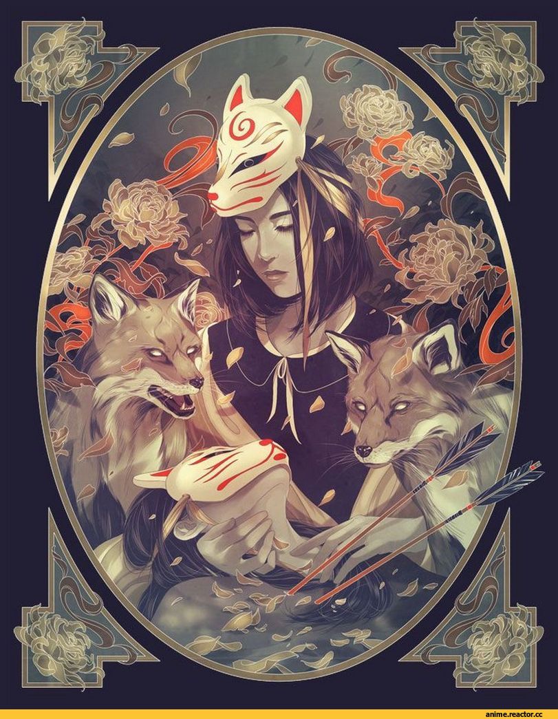 арт барышня, art, Мифические существа, Fantasy, кицунэ, Animal Ears, Anime