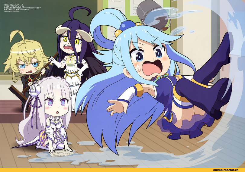 Isekai Quartet, Emilia (re zero), Albedo, Overlord (Anime), Tanya Degurechaff, Youjo Senki, Aqua (KonoSuba), KonoSuba, crossover, chibi, Anime, Re Zero Kara Hajimeru Isekai Seikatsu, Floor Guardian (Overlord)