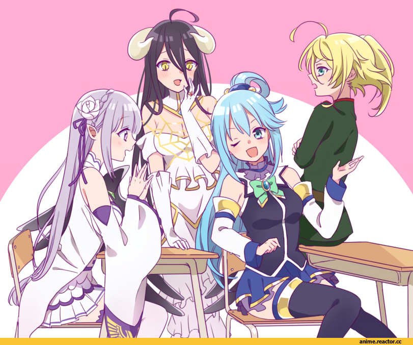 Isekai Quartet, Youjo Senki, KonoSuba, Re Zero Kara Hajimeru Isekai Seikatsu, Overlord (Anime), Tanya Degurechaff, Albedo, Floor Guardian (Overlord), Aqua (KonoSuba), Emilia (re zero), Anime
