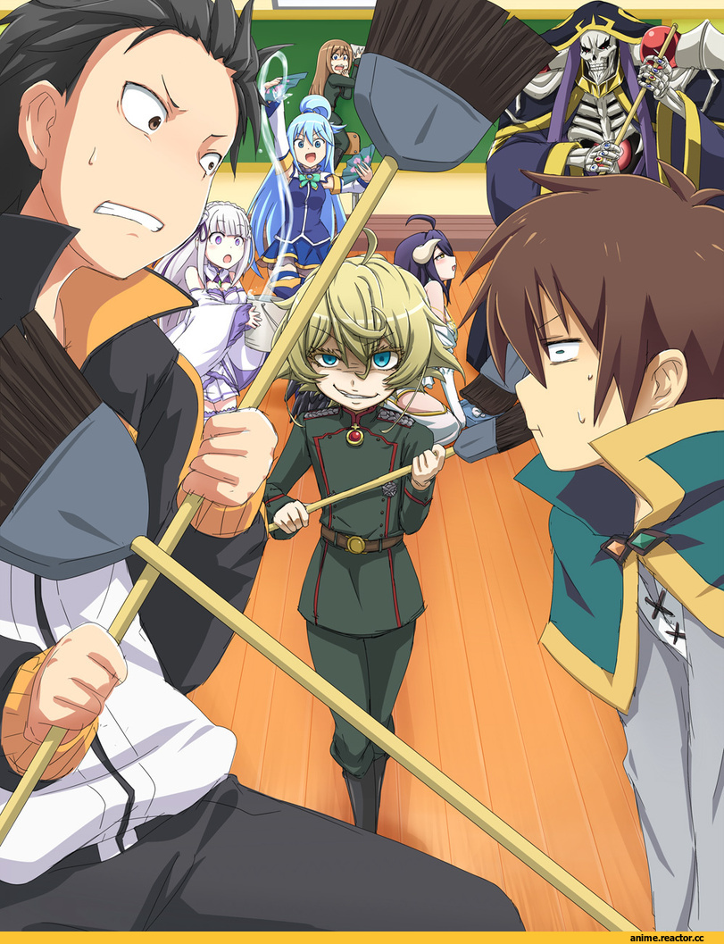 Isekai Quartet, Ainz Ooal Gown, Albedo, Aqua (KonoSuba), Emilia (re zero), Natsuki Subaru, Satou Kazuma, Tanya Degurechaff, Viktoriya Ivanovna Serebryakov, shirosame, Anime, KonoSuba, Overlord (Anime), Re Zero Kara Hajimeru Isekai Seikatsu, Youjo Senki, Floor Guardian (Overlord)