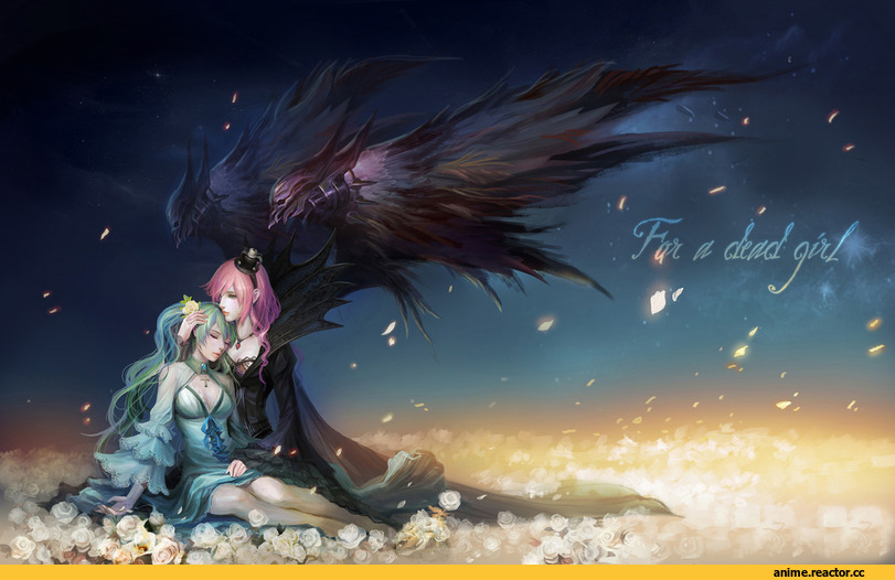 art, девушки, пара, Megurine Luka, Hatsune Miku, цветы, нежность, смерть, Anime