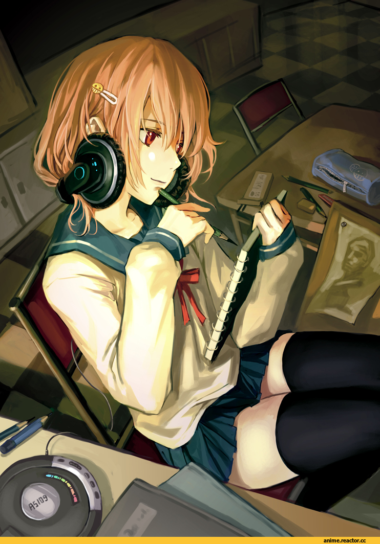 art, наушники, девушка, музыка, песочница, Anime