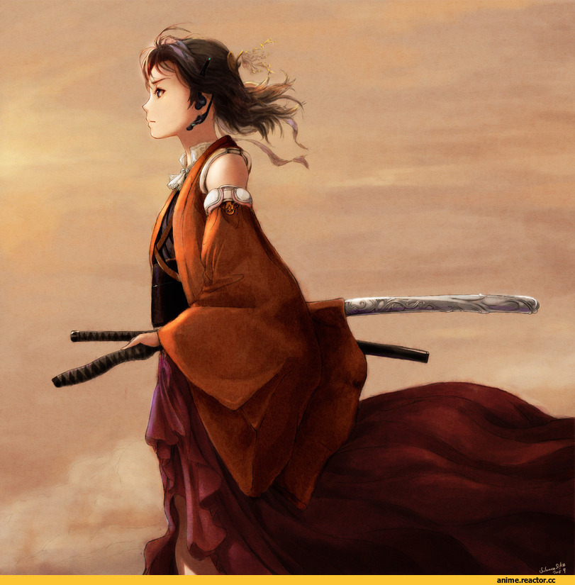 art, девушка, катана, кимоно, песочница, Anime