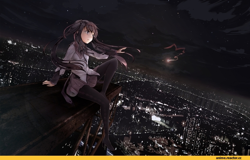 арт, ahirun, девочка, ночь, город, лента, ветер, огни, песочница, Akemi Homura, Anime, Mahou Shoujo Madoka Magica