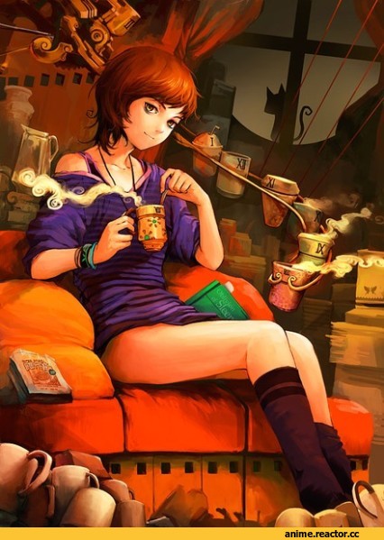няшка, песочница, art, кофе, красивые картинки, Anime
