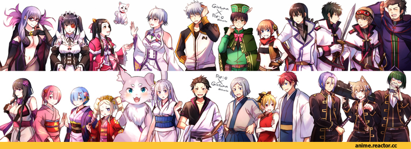 crossover, Emilia (re zero), Rem (re zero), Ram (Re Zero), Subaru Natsuki, Beatrice (Re Zero), Kagura, Sakata Gintoki, Shimura Shinpachi, Okita Sougo, Anime, Re Zero Kara Hajimeru Isekai Seikatsu, Gintama, Kagura Sadaharu, Puck(re zero), Sakata, Soyo Tokugawa, Isao Kondou, Ayame Sarutobi, Sougo Okita, shinpachi shimura, felt, Felix Argail, Elsa Granhiert, Sarutobi Ayame, Yagyuu Kyuubei, Julius Euclius, gintoki, Kondou Isao, Otto Suewen, Sadaharu, Petelgeuse Romanée-Conti, Katsura Kotaro, Reinhard van Astrea, Hijikata Toushirou
