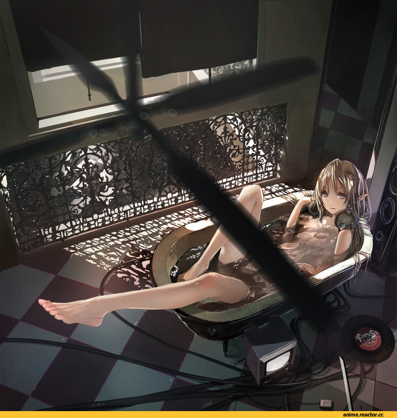 geek, art, ванна, эльфы, наушники, песочница, большое разрешение, Anime Ero, Anime