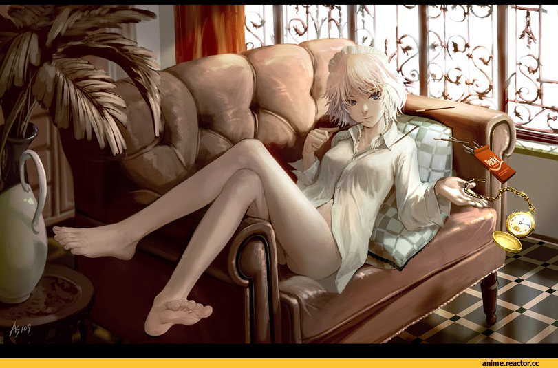 art, диван, девушка, часы, песочница, Izayoi Sakuya, Touhou Project, Anime Ero, Anime
