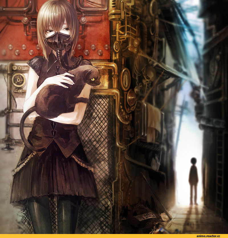 art, Anime Art, кот, девушка, под катом еще, Steampunk, Anime