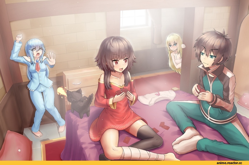 Anime Art, artist, Kono Subarashii Sekai ni Shukufuku wo!, Megumin, Aqua (KonoSuba), Darkness (KonoSuba), Kazuma Satou, chomusuke, hungrydurp, Anime