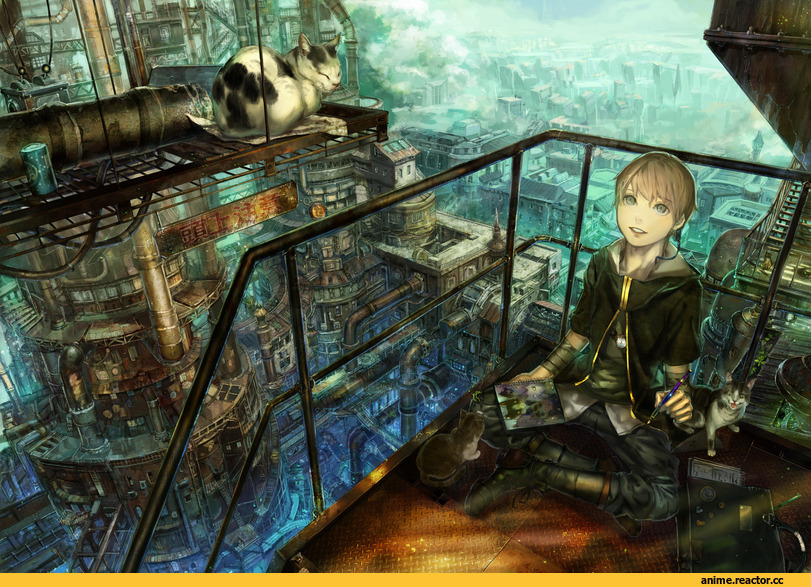 art, котэ, Steampunk, город, Anime