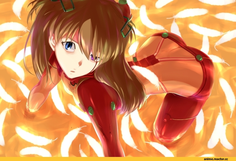 Evangelion, soryu asuka langley, девушка, костюм, перья, глаза, art, Anime