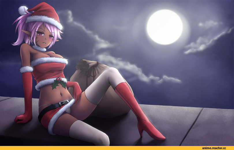 art, девушка, эльф, ночь, луна, Merry Chrismas, песочница, аниме
