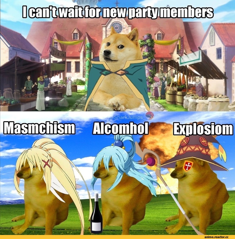 Megumin, KonoSuba, Darkness (KonoSuba), Aqua (KonoSuba), Kazuma Satou, doge, мемы, Anime