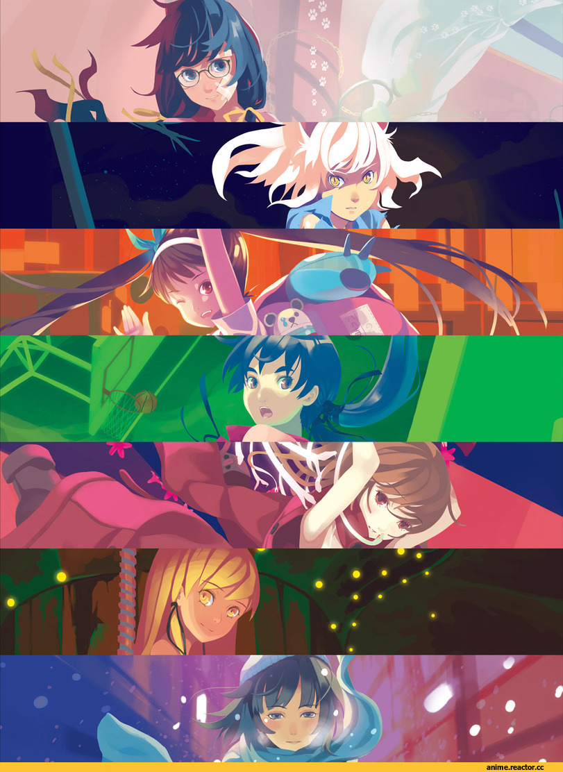 art, Monogatari (Series), Tsubasa Hanekawa, Hachikuji Mayoi, Oshino Shinobu, Senjougahara Hitagi, Sengoku Nadeko, Kanbaru Suruga, Anime