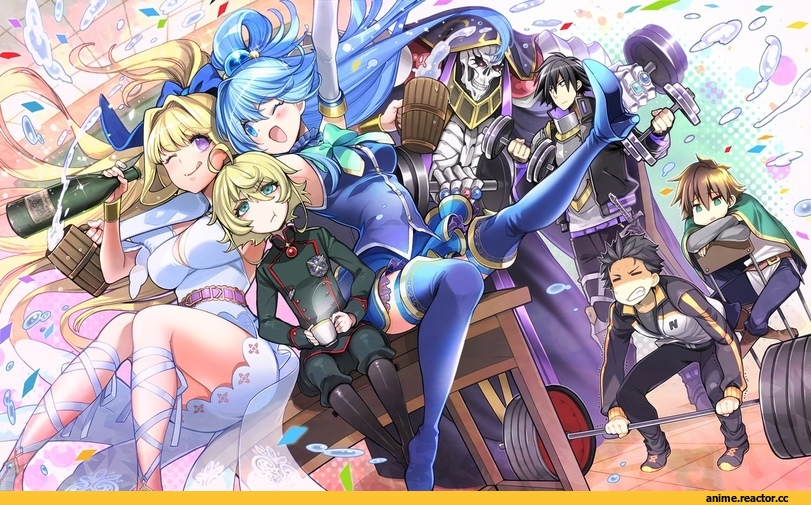 kono yuusha ga ore tueee kuse ni shinchou sugiru, Natsuki Subaru, Kazuma Satou, Ainz Ooal Gown, ristarte (kono yuusha ga ore tueee kuse ni shinchou sugiru), Ryuuguuin Seiya, Tanya Degurechaff, Youjo Senki, crossover, Aqua (KonoSuba), Anime, KonoSuba, Overlord (Anime), Re Zero Kara Hajimeru Isekai Seikatsu