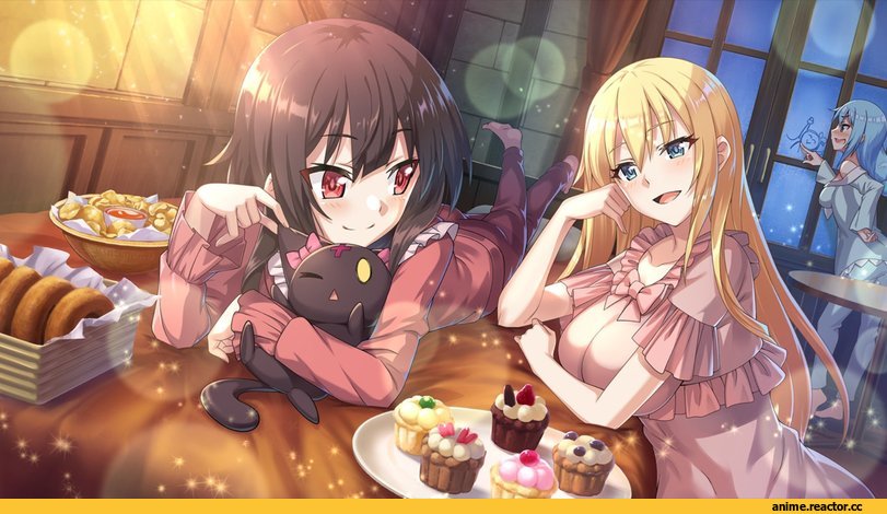 Anime Art, artist, Kono Subarashii Sekai ni Shukufuku wo!, Megumin, chomusuke, Darkness (KonoSuba), Aqua (KonoSuba), Anime