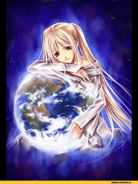 Земля, космос, девушка, art, красивые картинки, Anime
