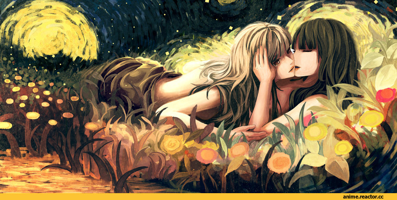 art, красивые картинки, девушки, поцелуй, мило, Anime