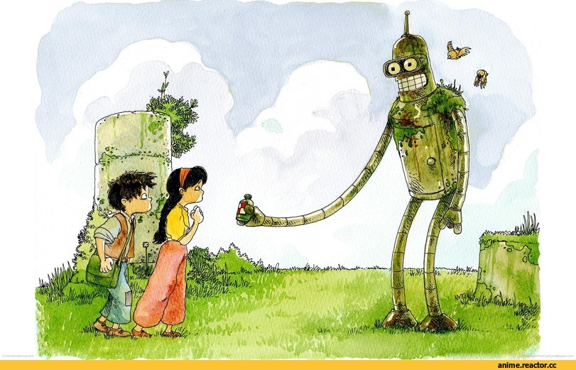 Futurama, Бендер, хаяо миядзаки, art, красивые картинки, Anime