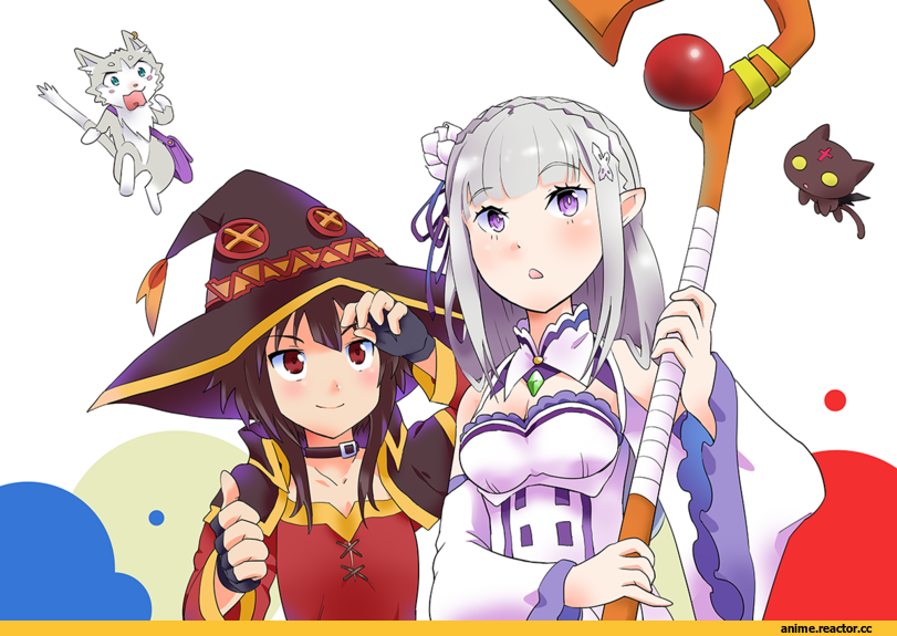 KonoSuba, Megumin, chomusuke, Re Zero Kara Hajimeru Isekai Seikatsu, Emilia (re zero), Pack (re zero), crossover, Anime
