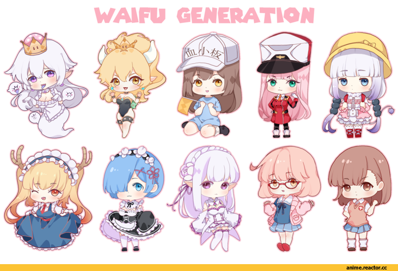 Misaka Mikoto, chibi, Zero Two (Darling in the Franxx), Tooru (MaiDragon), Rem (re zero), Princess King Boo, Bowsette, Emilia (re zero), Kanna Kamui, crossover, Anime, ToAru, Re Zero Kara Hajimeru Isekai Seikatsu, Kyoukai no Kanata, Hataraku Saibou, Игры, Super Crown, Марио, Kobayashi-san Chi no Maid Dragon, Darling In The Franxx, sumisumii, Platelet (Hataraku Saibou), Kuriyama Mirai