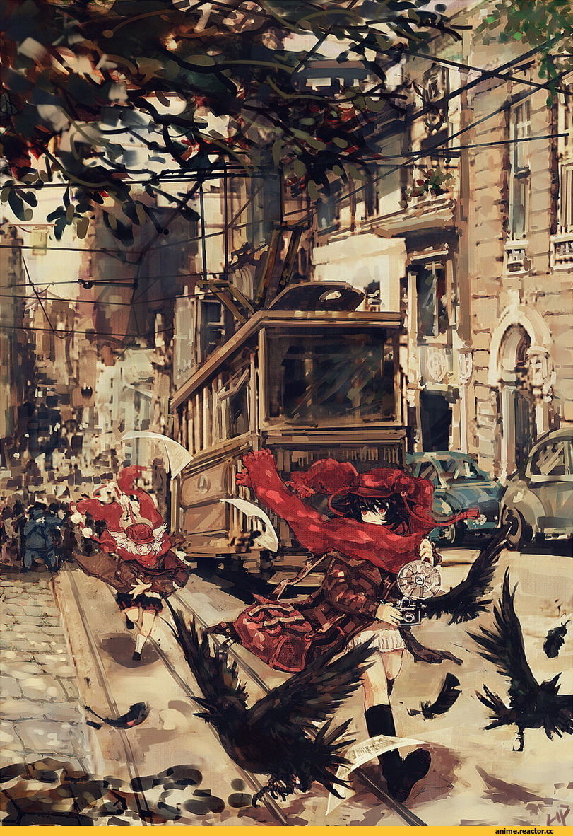 трамвай, фотоаппарат, песочница, Anime Art, Anime Original, Anime