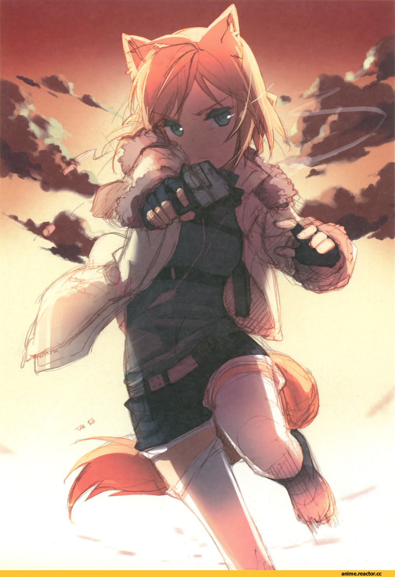 Anime Art, каре, зеленые глаза, шорты, пистолет, неки, Kitsune, Animal Ears, Anime