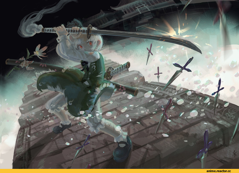 Anime Art, красные глаза, катана, каре, Konpaku Youmu, Touhou Project, Anime
