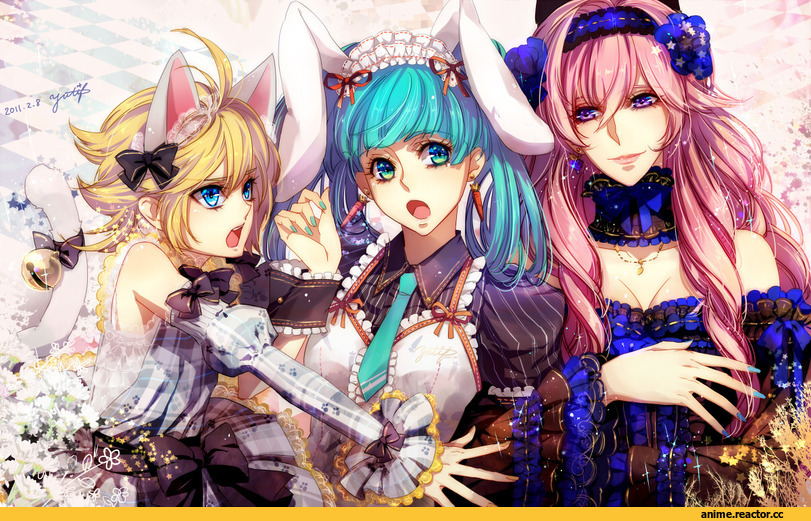 Anime Art, Vocaloid, Hatsune Miku, Megurine Luka, Kagamine Rin, Неко, Animal Ears, Usagimimi, Anime