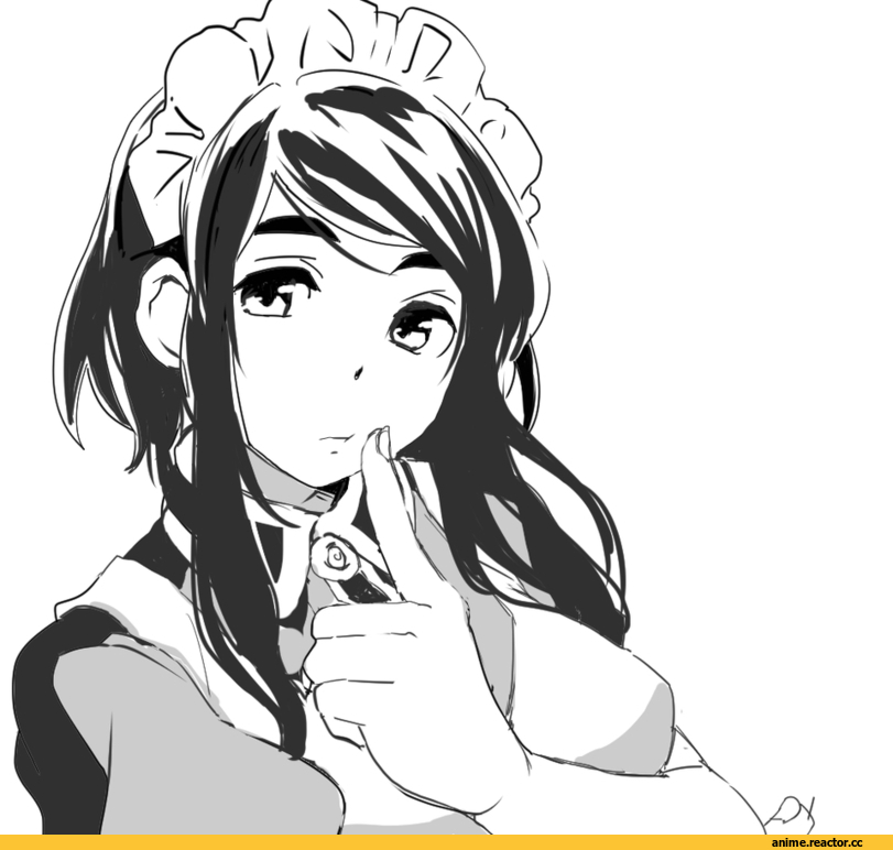 рисунок, черно-белое, горничная, няшка, Anime