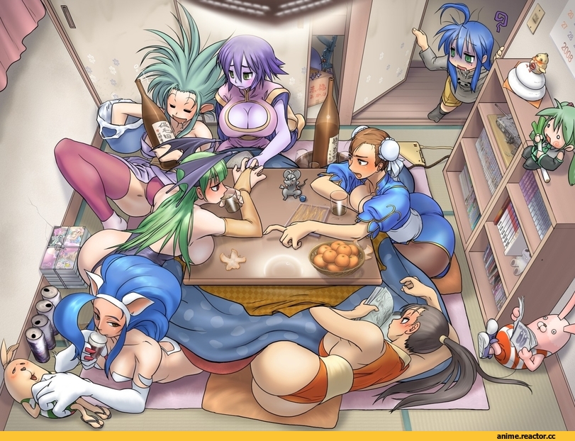 Miku Hatsune, Vocaloid, Street Fighter, Lucky Star, Mai Shiranui, Chun Li, Felicia, пьянка, Неко, Morrigan Aensland, Anime, Darkstalkers, Игры, The King Of Fighters, Animal Ears, usavich, Konata Izumi