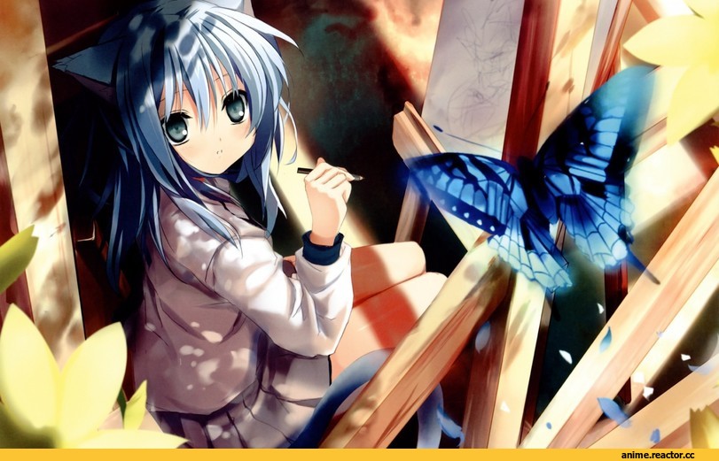 Animal Ears, butterfly, catgirl, tail, Неко, Anime