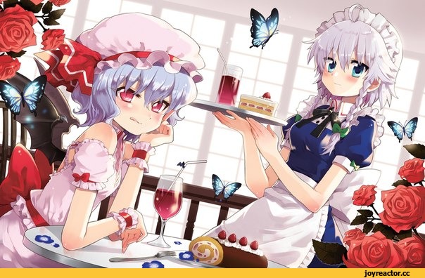 Izayoi Sakuya, Remilia Scarlet, hate, Maid, butterfly, food, vampire, wings, 2girls, Cake (AT), Anime, touhou, adventure time, фэндомы, headdress, braids, chiba sadoru, white hair, drink, blue hair, apron, red eyes, flowers, blue eyes