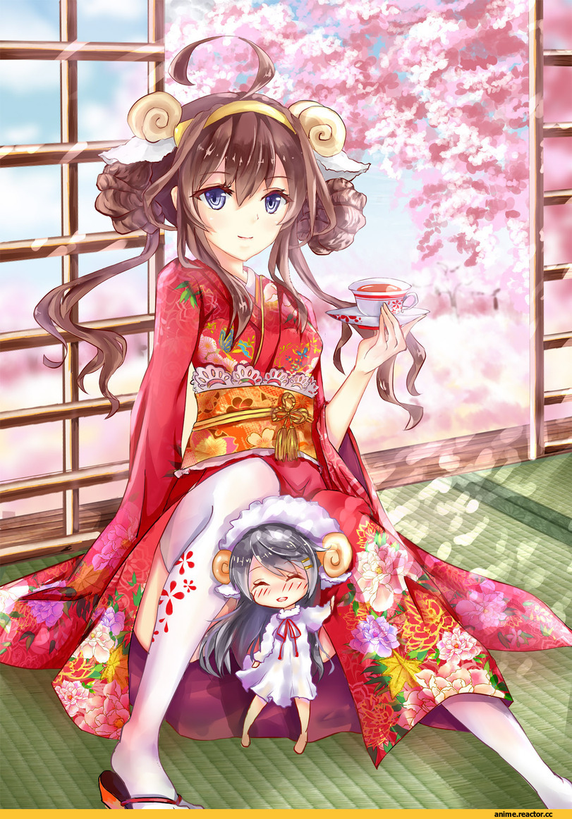 Kongou (Kantai Collection), Kantai Collection, Haruna (Kantai Collection), Yukata, dango (dangowalolicon), Hitsujimimi, Animal Ears, Anime