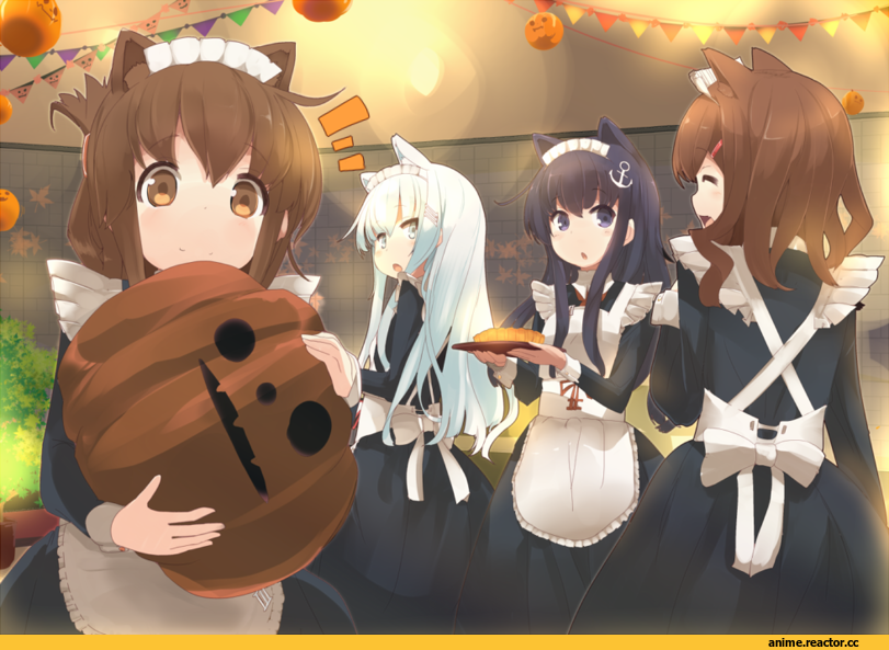 ikazuchi (kantai collection), Kantai Collection, Inazuma (Kantai Collection), Akatsuki, Hibiki (Kantai Collection), nekomimi, Animal Ears, Anime Halloween, maszom, Maid, Anime