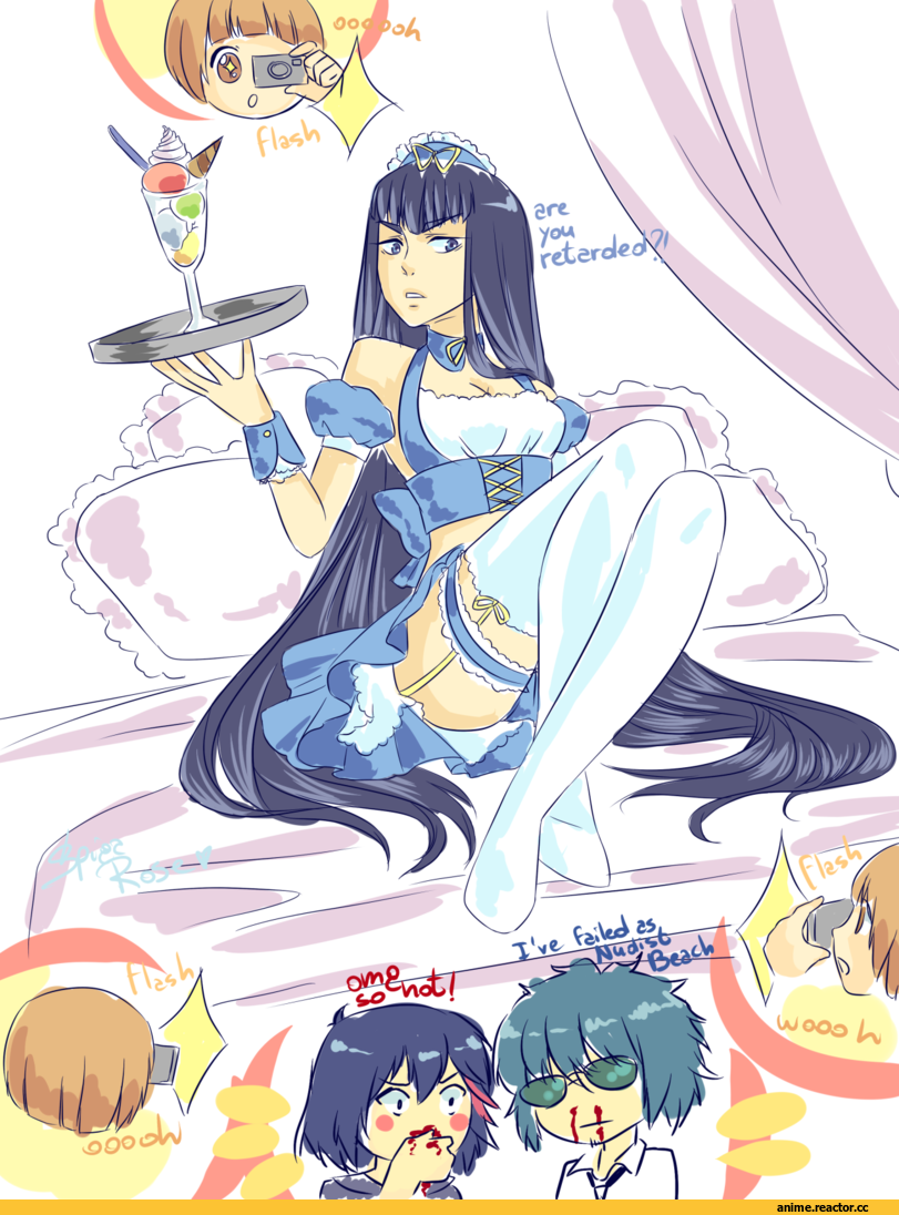 Kill la Kill, Mankanshoku Mako, Ryuuko Matoi, Satsuki Kiryuuin, Mikisugi Aikurou, Maid, ice cream, nosebleed, Anime