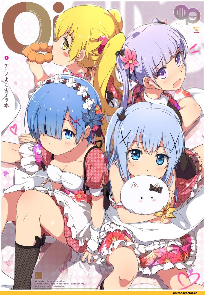 Oshino Shinobu, Rem (re zero), Re Zero Kara Hajimeru Isekai Seikatsu, Kafuu Chino, suzukaze aoba, Gochuumon wa Usagi Desu ka?, New game!, crossover, Ogipote, Anime Art, Anime, Monogatari (Series)
