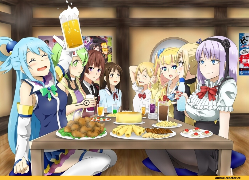 Boku Dake ga Inai Machi, haikyuu!!, Musaigen no Phantom World, oshiete! gyaru-ko-chan, Aqua (KonoSuba), gyaru-ko, kawakami mai, Shidare Hotaru, Yurizaki Mira, crossover, Anime, Dagashi Kashi, Dimension W, KonoSuba, kazari asami, katagiri airi, active raid, yachi hitoka