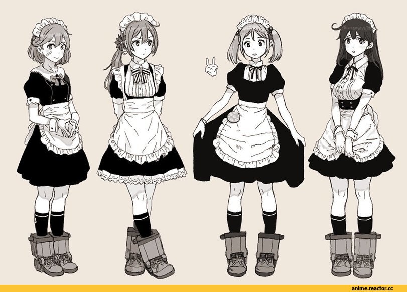 Kantai Collection, Sazanami (Kantai Collection), Akebono, Ushio, Oboro (Kantai Collection), gufu6, Monochrome (Anime), Maid, Anime