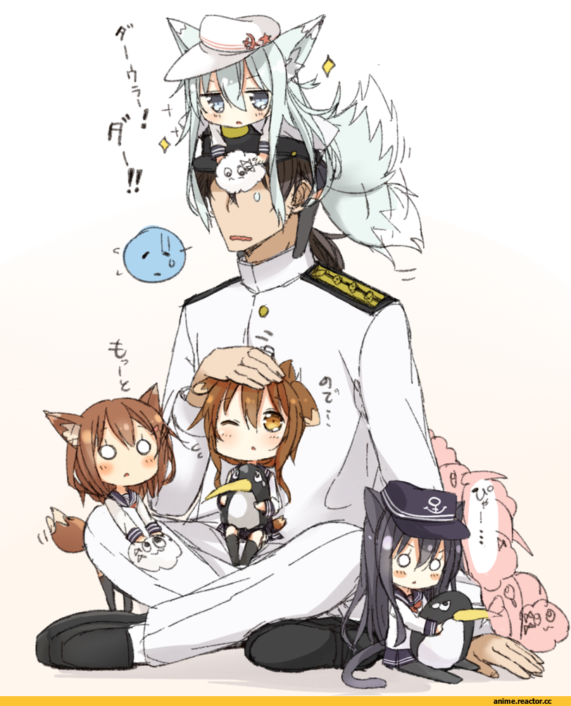 Inumimi, nekomimi, Verniy, Kantai Collection, Admiral (Kantai Collection), Inazuma (Kantai Collection), Ikazuchi, Akatsuki, Anime Art, nonono (basasi21), Anime, Animal Ears