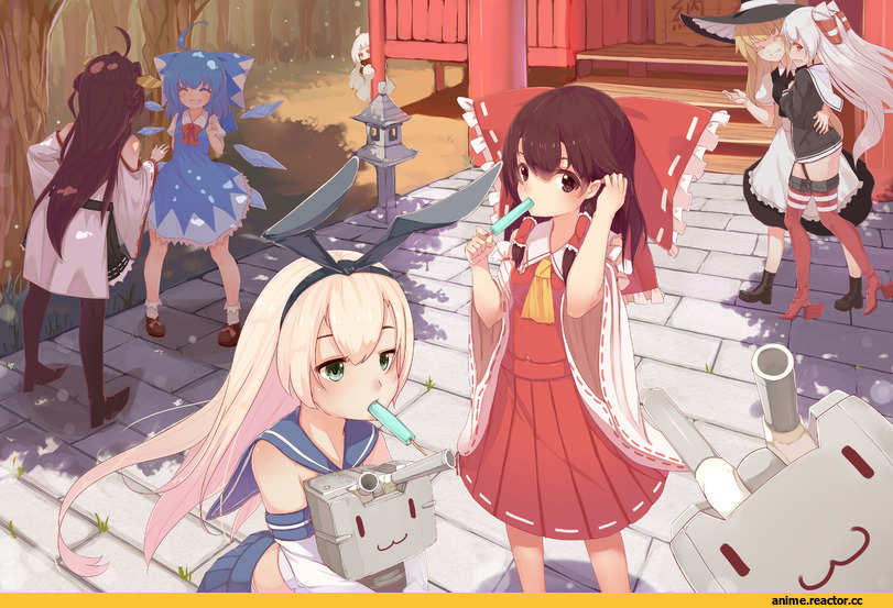 Shimakaze, Hakurei Reimu, Kongou (Kantai Collection), Cirno, Amatsukaze (Kantai Collection), Kirisame Marisa, Northern Ocean Hime, crossover, Anime Art, xingno dong qingwa, Anime, Kantai Collection, Touhou Project